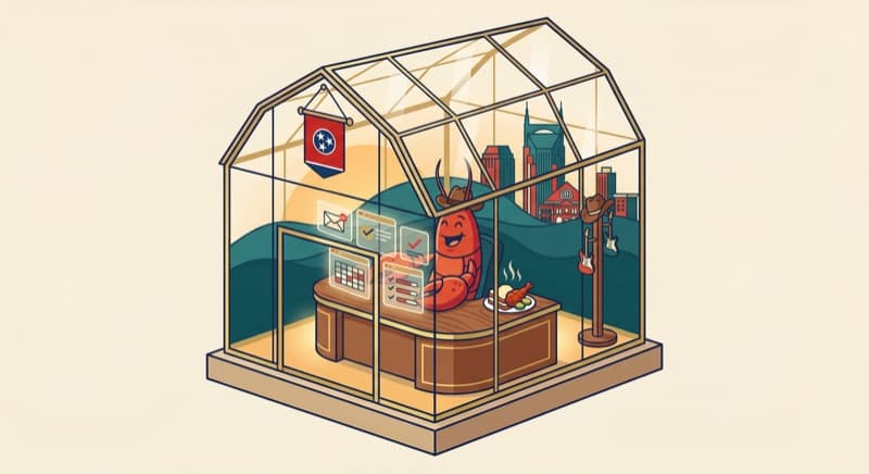 A happy lobster working in a glass pod with the Nashville skyline visible outside