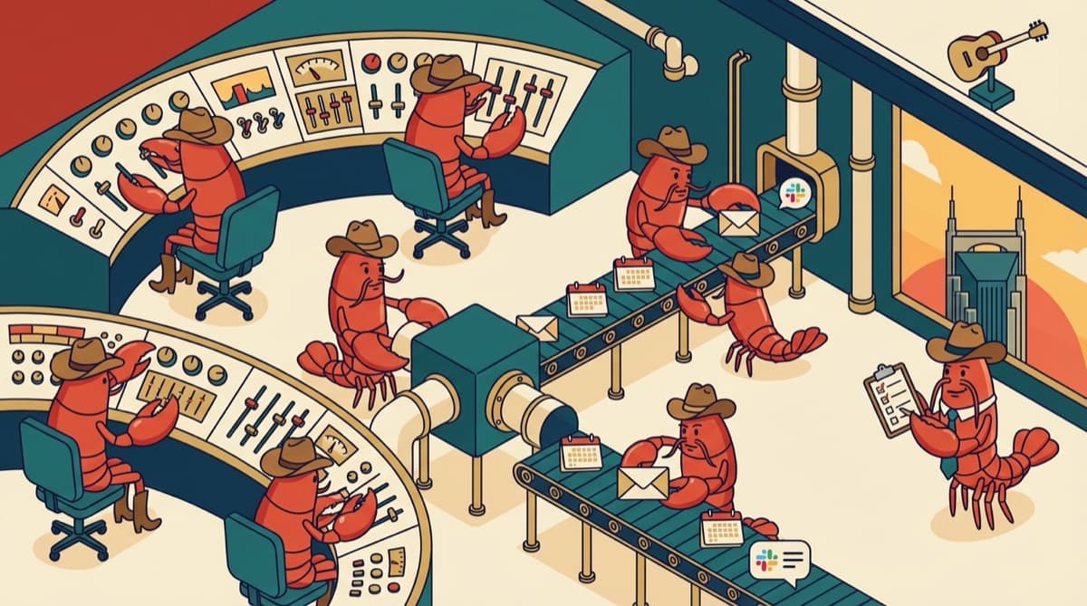 Lobsters in cowboy hats working a busy mission control room with conveyor belts and monitors