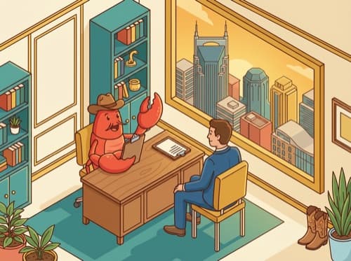 Lobster in cowboy hat meeting with an executive at a Nashville office desk