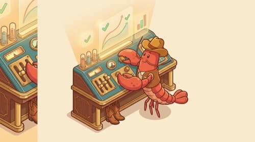 Lobster in cowboy hat fine-tuning dials on a control panel with metrics trending upward