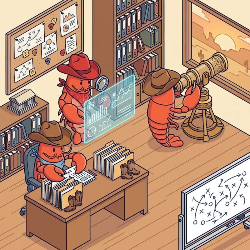 Lobsters analyzing data and researching at the tech ranch
