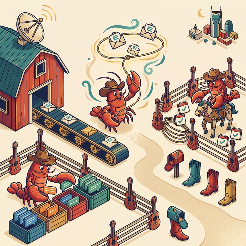 Lobsters wrangling emails and calendar invites with lassos at the tech ranch