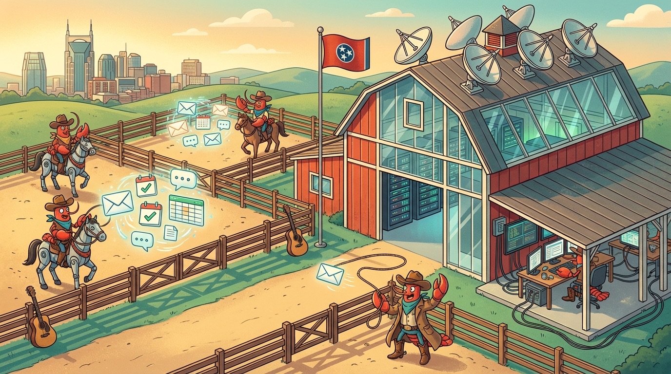 Isometric illustration of the Nashville Lobster Ranch β cartoon lobsters in cowboy hats wrangling emails, calendar invites, and chat messages at a tech ranch with the Nashville skyline in the background