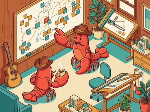 Two lobsters in cowboy hats planning workflows on a whiteboard with sticky notes